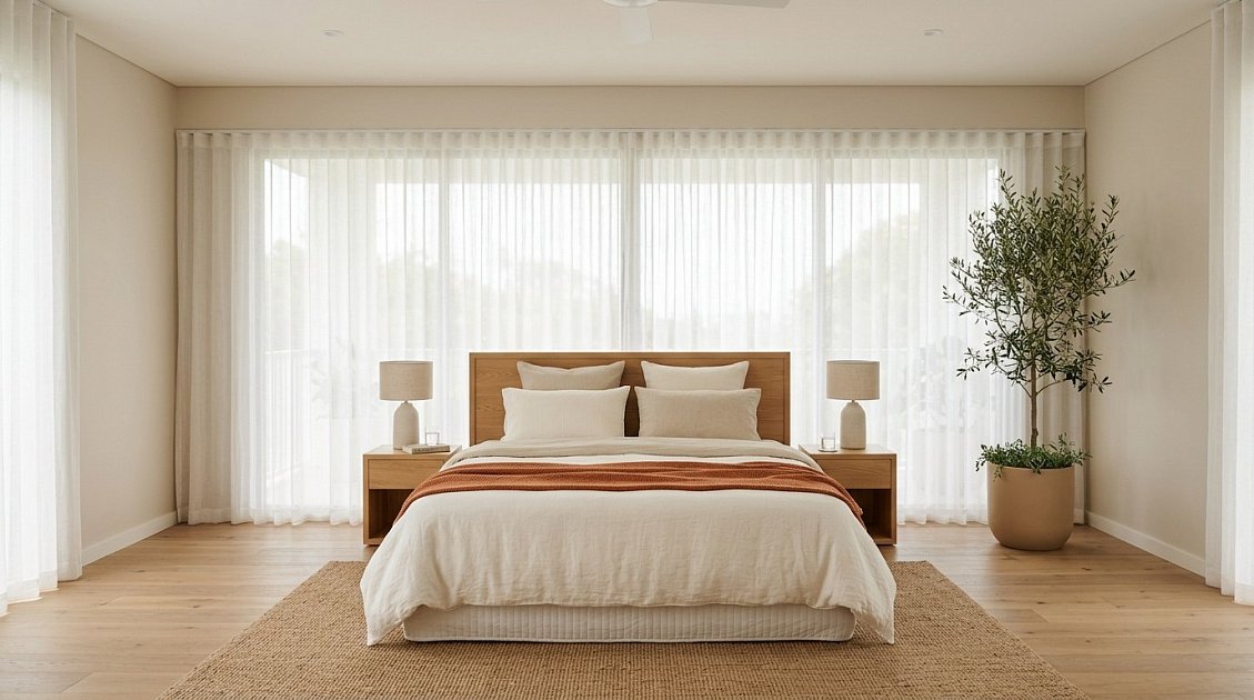 Светлая спальня с кроватью и ортопедическим матрасом