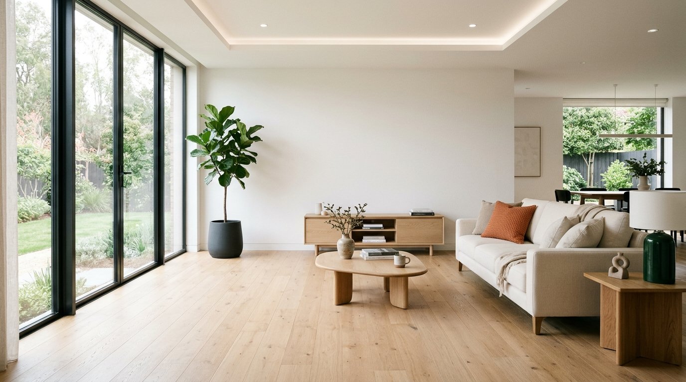 Диван напротив тумбы с журнальным столом между ними и свободным проходом